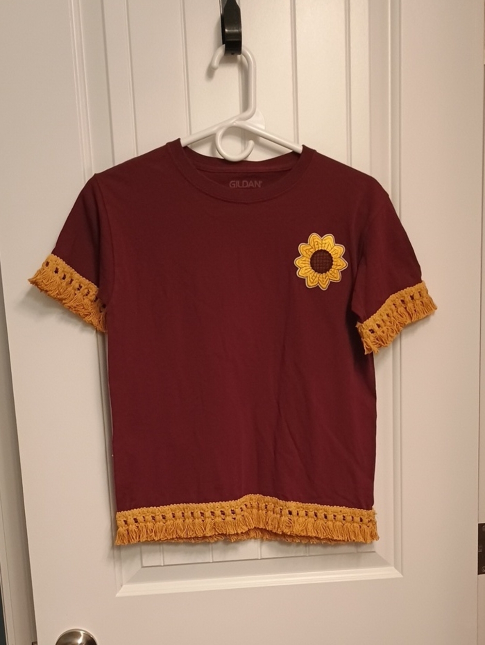 Gildan Maroon Tee with Yellow Sunflower Patch and Fringe